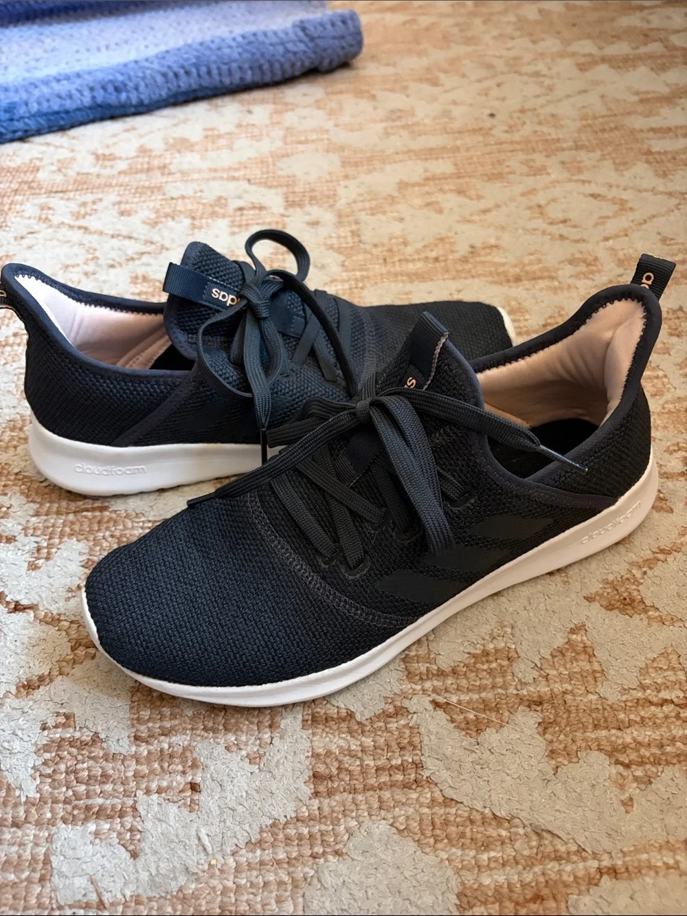 adidas Black Knit Athletic Shoes with White Soles and Blush Lining